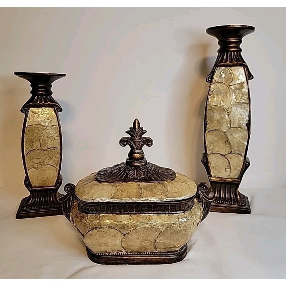 Hobby Lobby Center Piece Bowl With Lid , 2 Candle‎ Holders, 3 Piece Set, Chipped